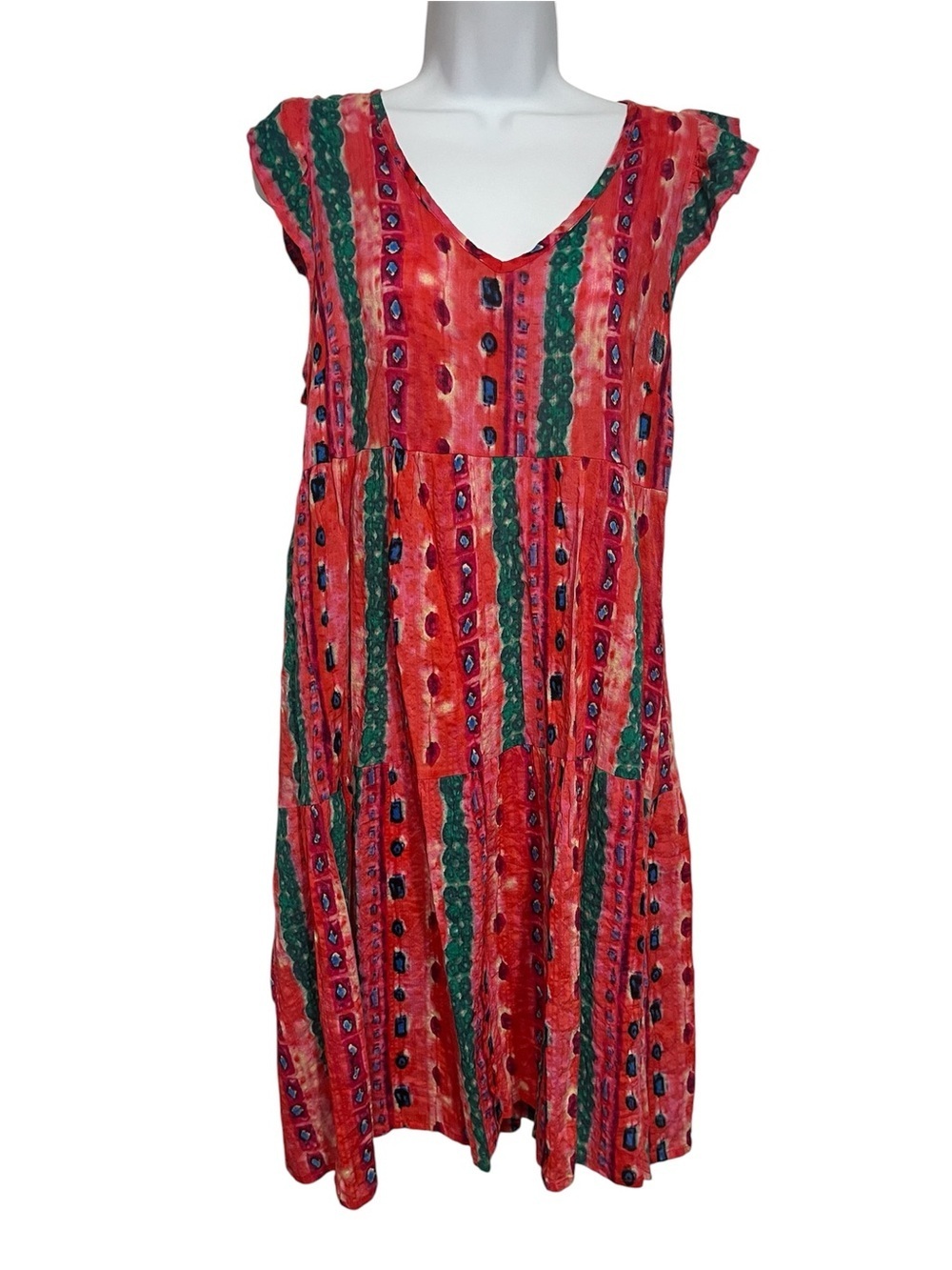 Ces Femme Red Boho Striped Midi Dress Size Medium Flowy Summer Festival Beachy